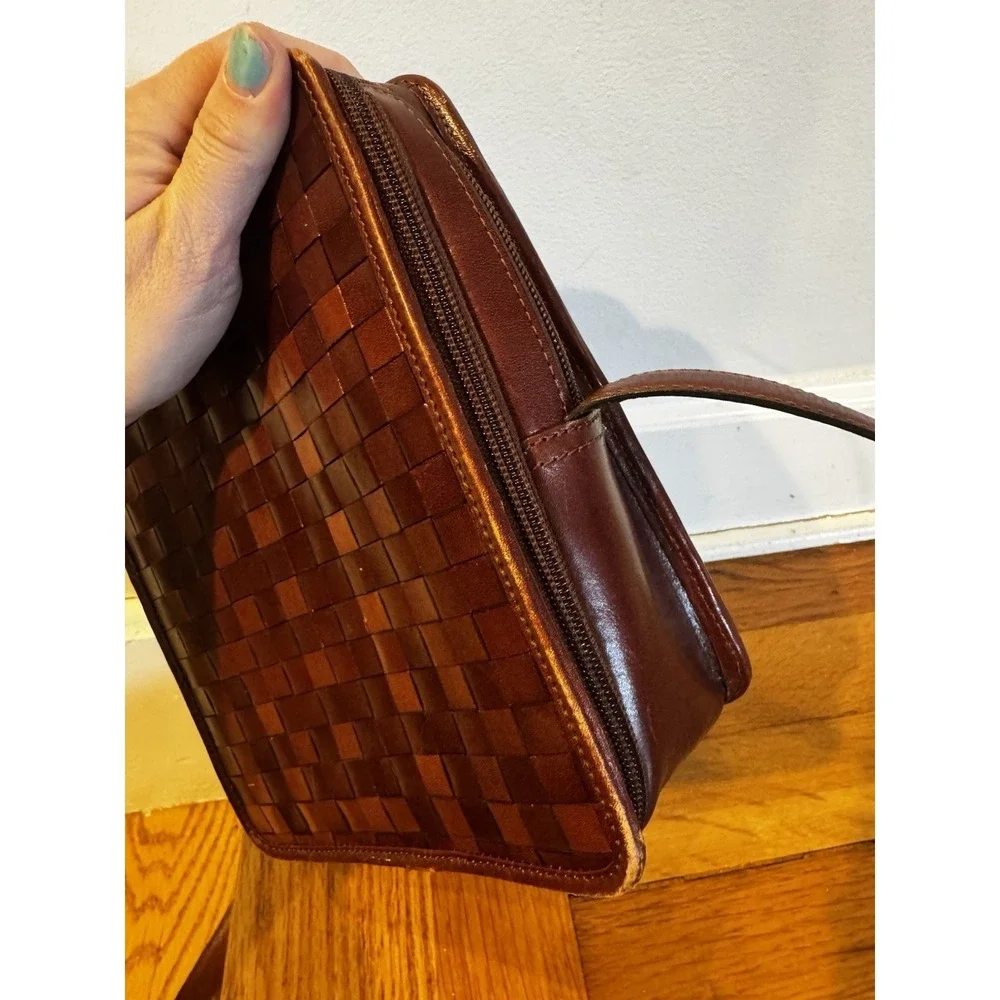Vintage Etienne Aigner Checkerboard Weave Leather Crossbody Purse Brown Boxy Bag